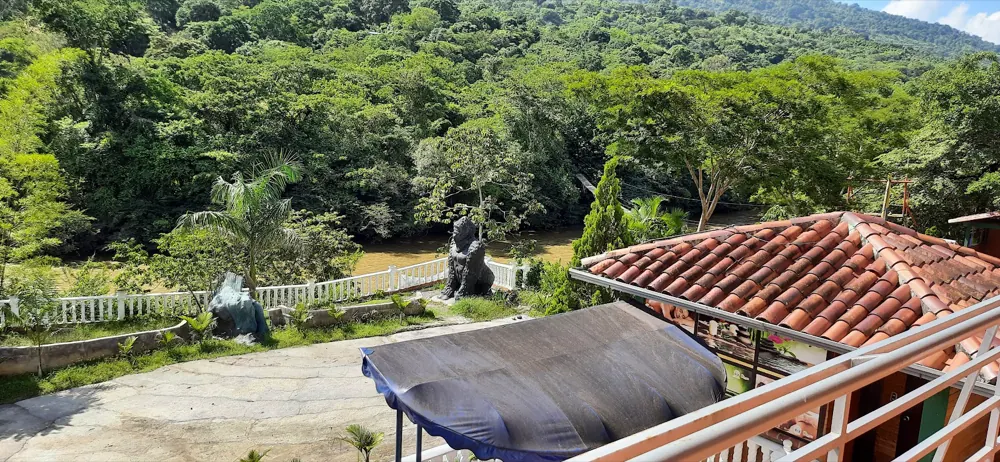 La escultura del gorila del hotel con el río Fonce y la montaña detrás